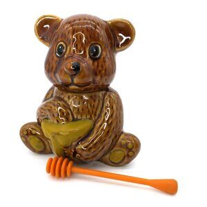 Ceramic Bear Honey Pot Jar with Dipper Houston Foods 3 Piece Retro 80s Kitsch
